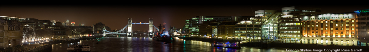 London skyline at night facing tower bridge